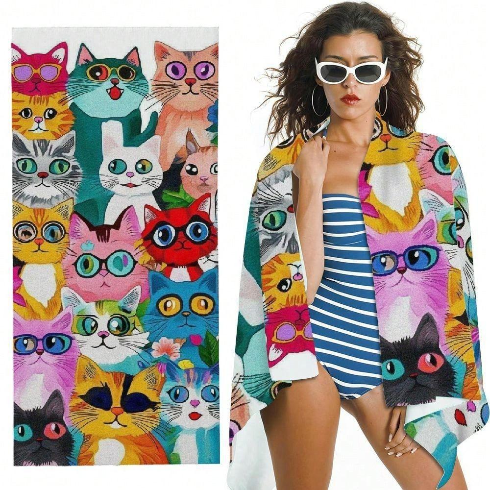 

1PC Kawaii Sunglasses Cats Beach Towel Quick-Dry Polyester Swim Towel Lightweight Soft Travel Towel For Beach Camping Unisex Gif W30*H60(CM)