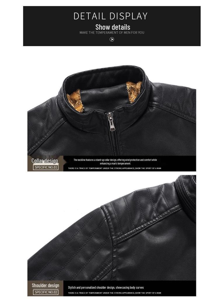 Men's Leather Motorcycle Jacket - European Size, Autumn/Winter, Warm Velvet, Casual PU Leather with Stand Collar.