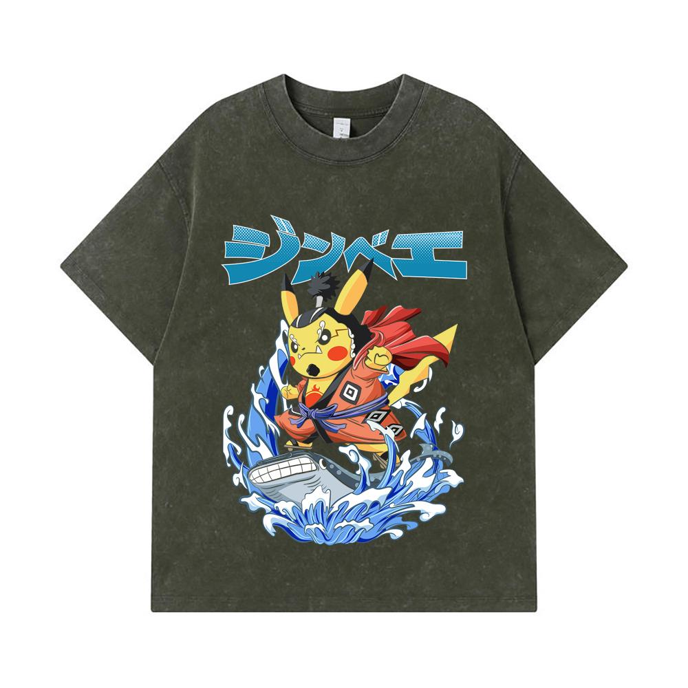 275 GSM Washed T-shirts 100% Cotton Pokemon V11 Jimbei Pikachu Print Unisex Heavy Cotton T Shirt S