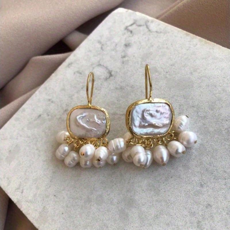Square Baroque Faux Pearl Vintage Bohemian Earrings With Pearl Tassel For Women Daily Wear, Dating, Party, Beach, Jewelry Gifts