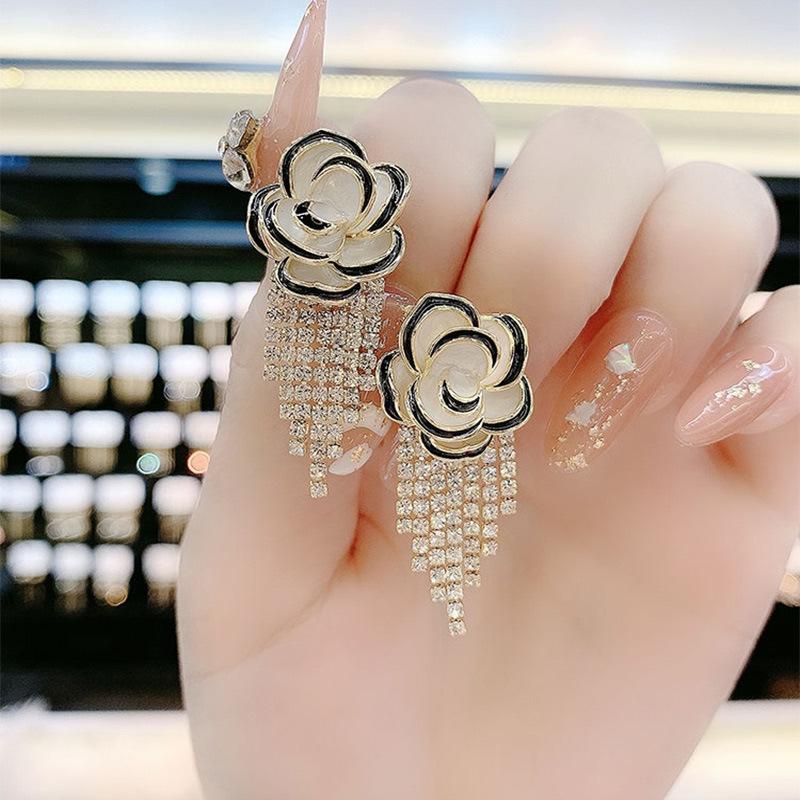 Sterling Silver Camellia Tassel Earrings: Elegant Long Flower Dangles for Trendy Style Electroplated