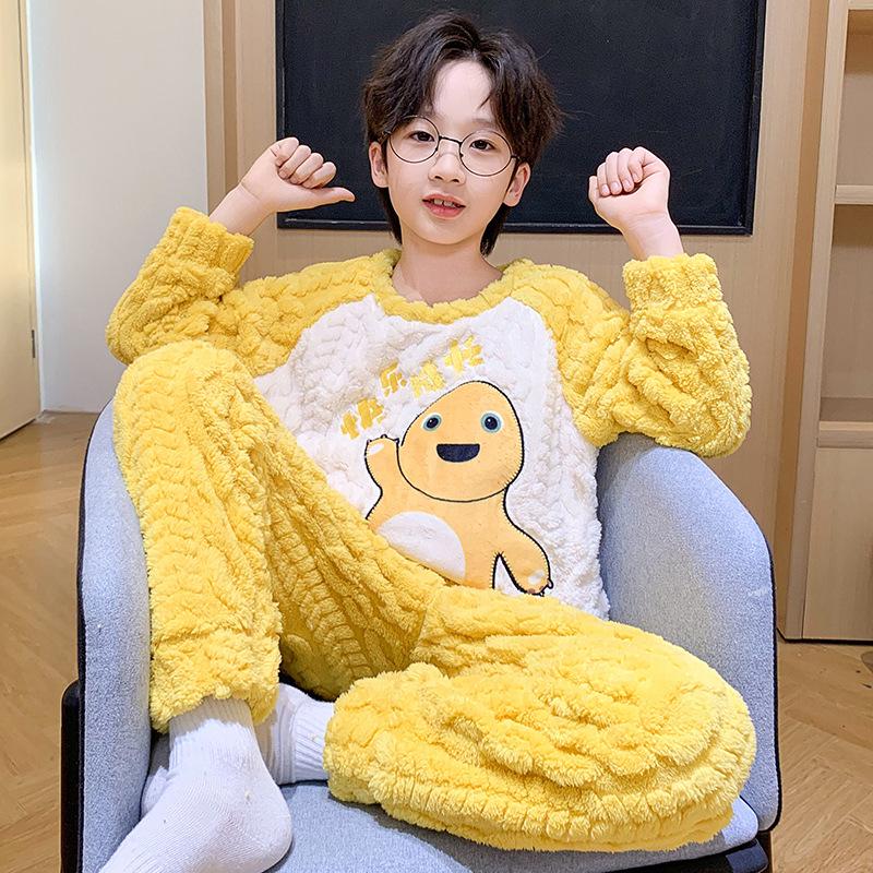 New Boys' Flannel Pajama Set - Warm Autumn/Winter Coral Fleece