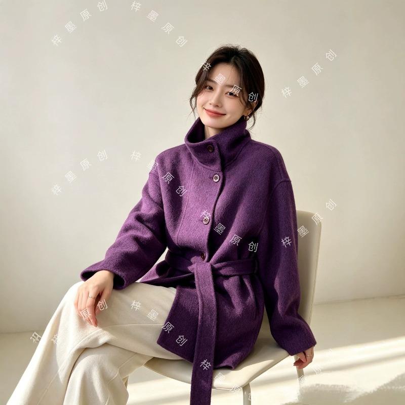 Classic autumn and winter stand-up collar loose and lazy thickened medium and long double-sided wool coat for women