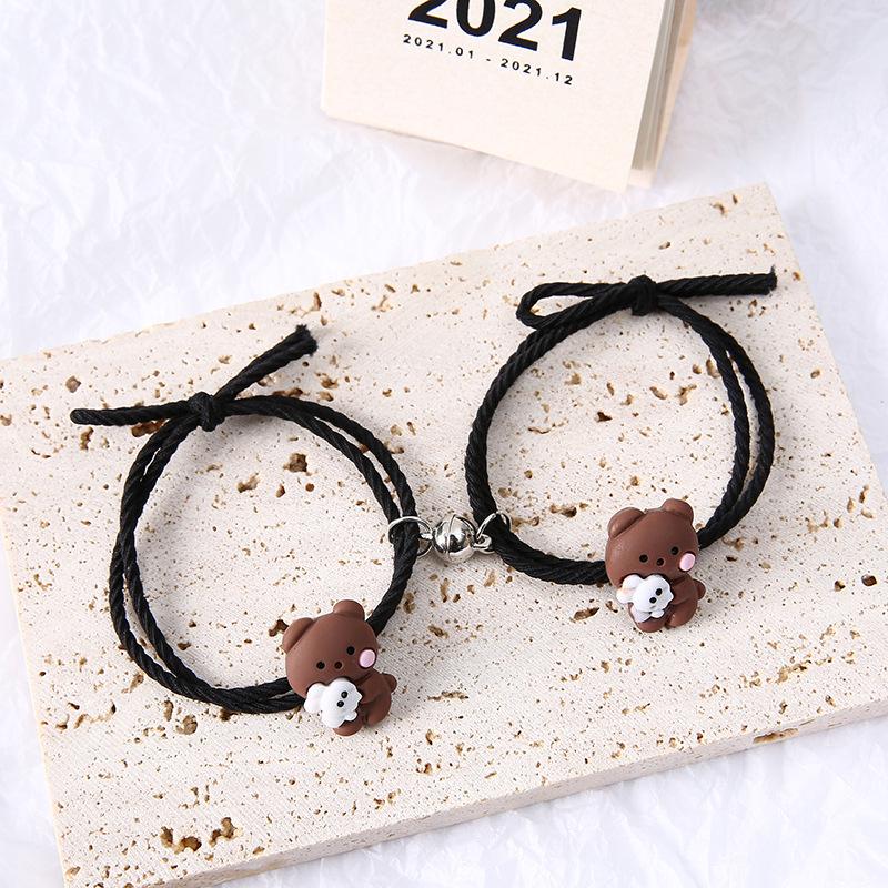 Charming Cartoon Teddy Bear Bracelet & Hair Tie Gift Set - Magnetic Couple Keepsake with Small Leather Case for Boyfriend or Best Friend