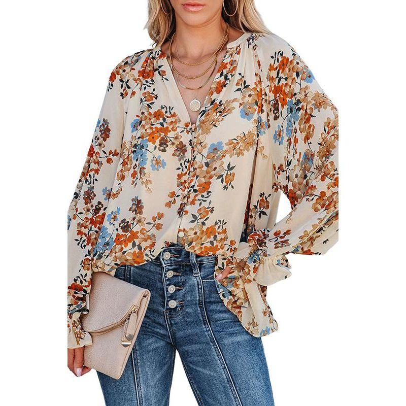 Spring & Fall New Arrival Floral V Neck Long Sleeves Chiffon Shirt European and American All-Matching Single-Breasted Thin Pullover Shirt for Women