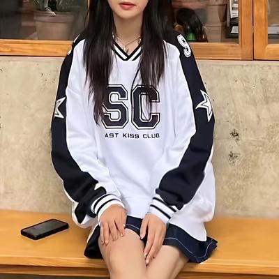 European and American Spicy Girl Long Sleeved V-neck Pullover, Alphanumeric Hip-hop Street Versatile Top