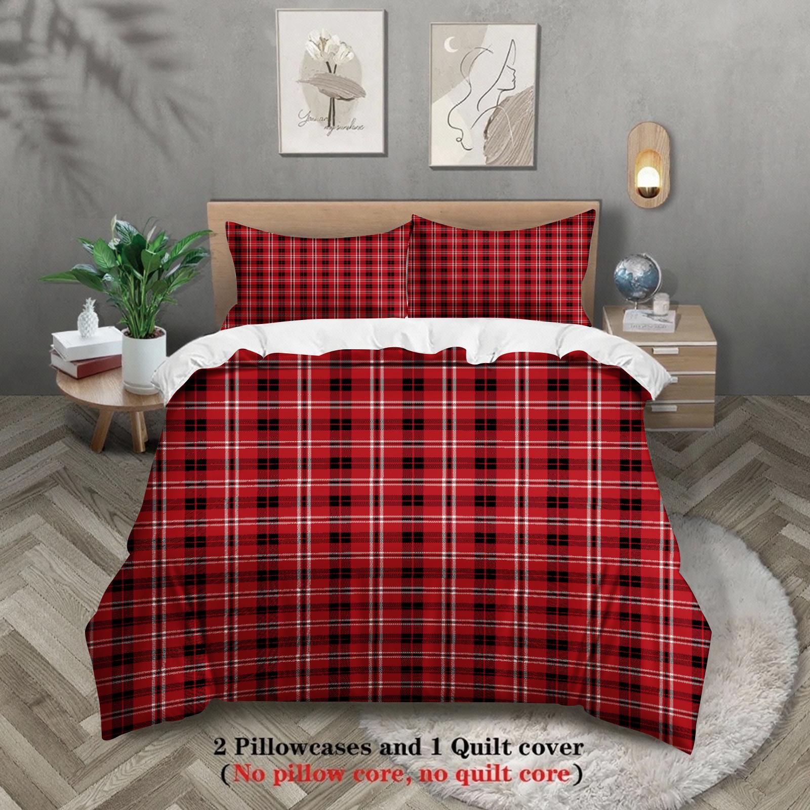 

3pcs Marry Christmas Bedding Set Red Grid 3D Printed Breathable Duvet Cover King Queen Twin Single Size Bithday Gift Room Decor EU Single 135x200cm
