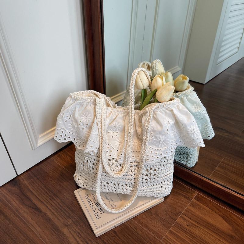 Straw Woven Summer Solid Color Shoulder Bags Lace Large Capacity Ladies Bags 2026 High Quality Hollow Out Women's Handbags