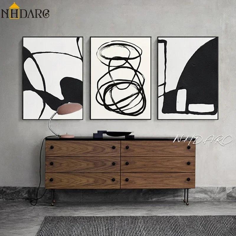 Arte de Parede Minimalista Escandinava Pintura a Óleo Abstrata Moderna Preto e Branco Impressão de Poster Decoração para Casa Quarto Sala de Estar