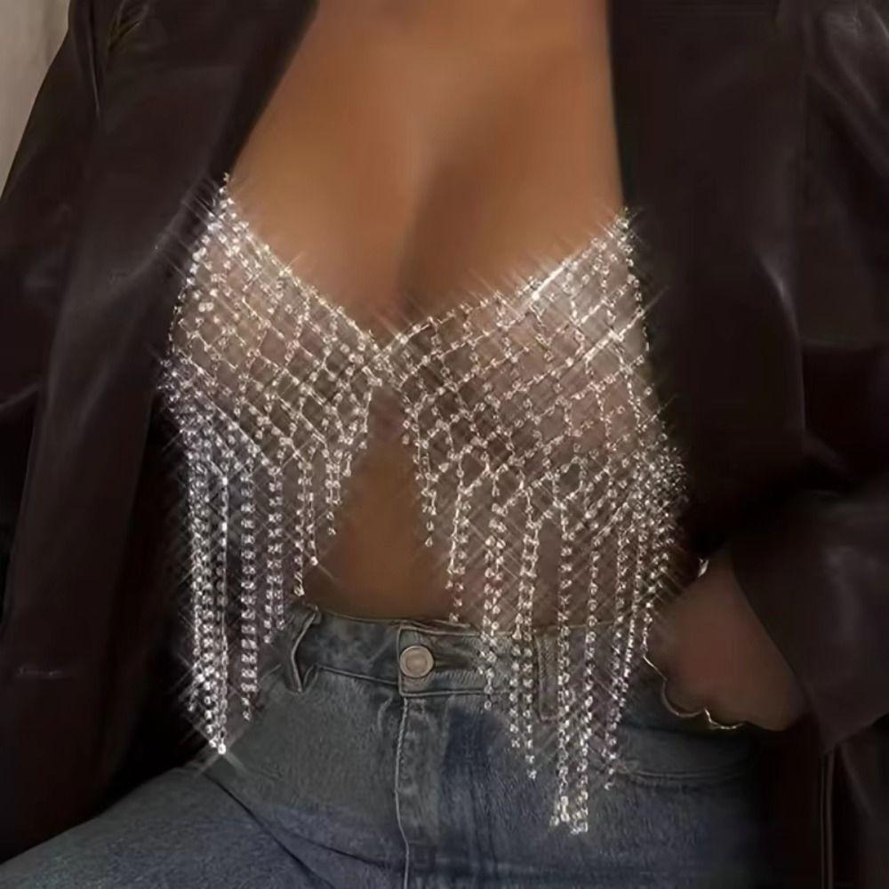 Fashion Tassel Bra Chain for Crop Top Luxury Mesh Body Chain Jewelry Crystal Lingerie  Women