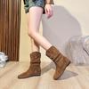2025 Korean Style Women's Retro Soft Leather Round Toe Flat Heel Pleated Suede Ankle Boots