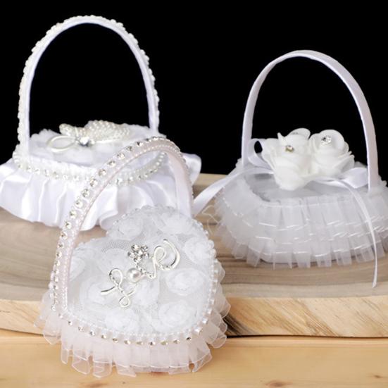 Wedding Ring Basket Flower Decor Rhinestone Solid Color Heart Shape Mesh Hold