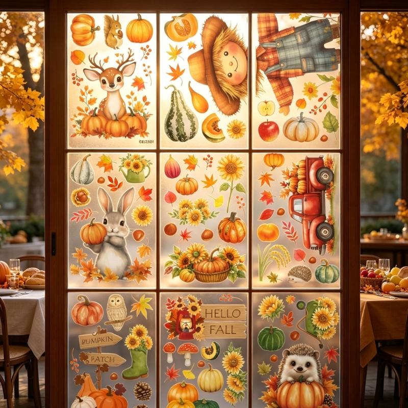 9 Sheets PVC Thanksgiving Glass Clings with Sunflowers, Pumpkins, Fall Message Signs and Animal Motifs for Smooth Glass Displays in Homes, Offices and