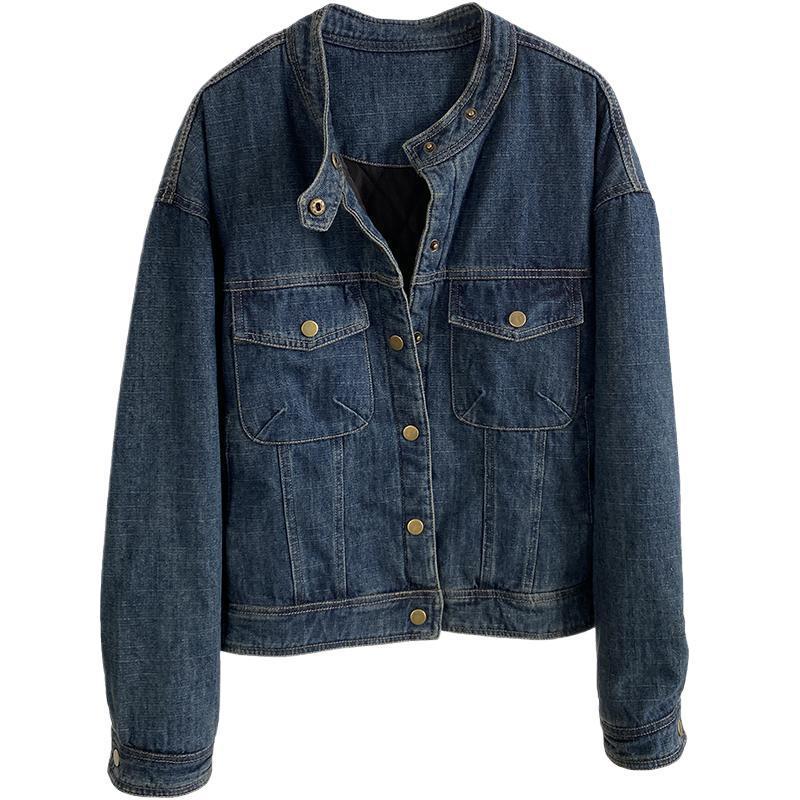 Women's Retro Korean Denim Jacket - Stand Collar, Cotton Padded, Long Sleeve, Loose Fit, Autumn/Winter.