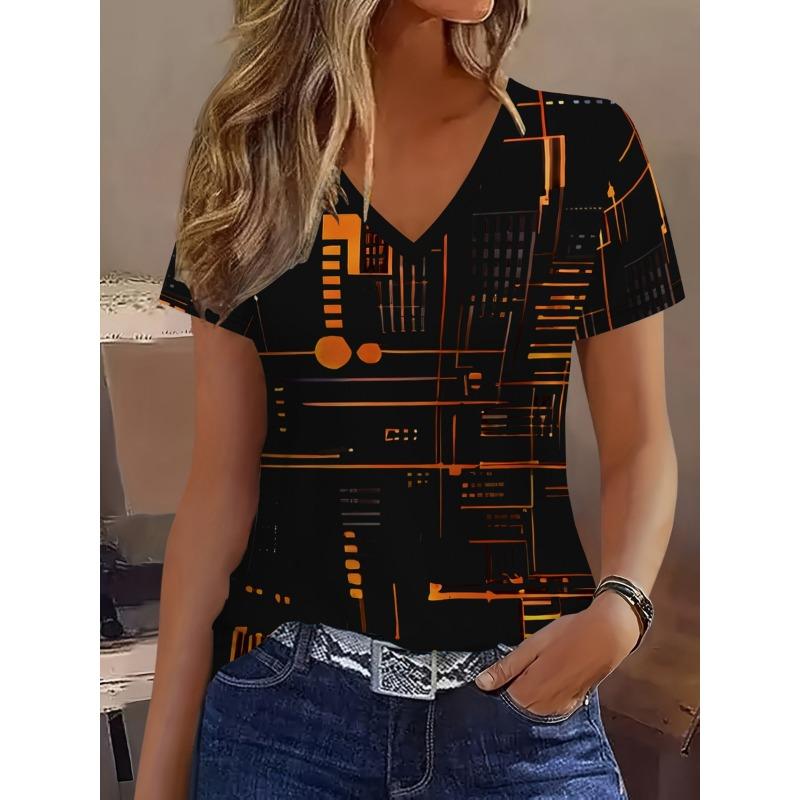 Line Printed V-neck Short Sleeved T-shirt, Casual and Fashionable Short Sleeved Women s Summer New Short Sleeved Top XL