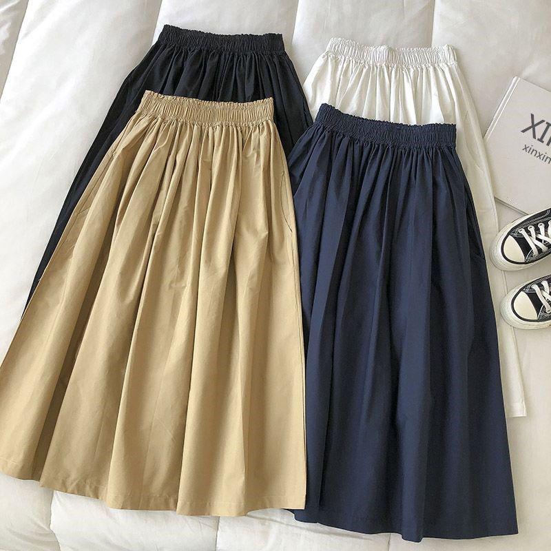 2025 Hong Kong Style Pure Cotton Midi Skirt: Solid Color, Korean-Inspired, Slimming, Versatile, Loose Fit for Summer