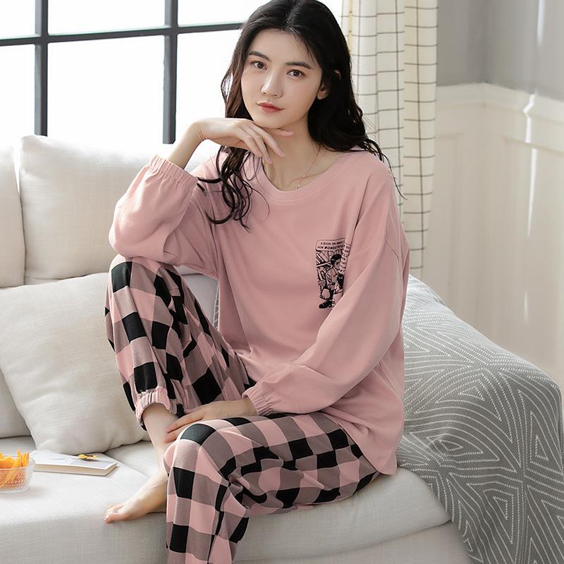 100% Cotton Women's Pajama Set – Breathable, Sweat-Absorbent, Long Sleeve Crew Neck for Indoor & Outdoor Wear (Autumn/Winter)