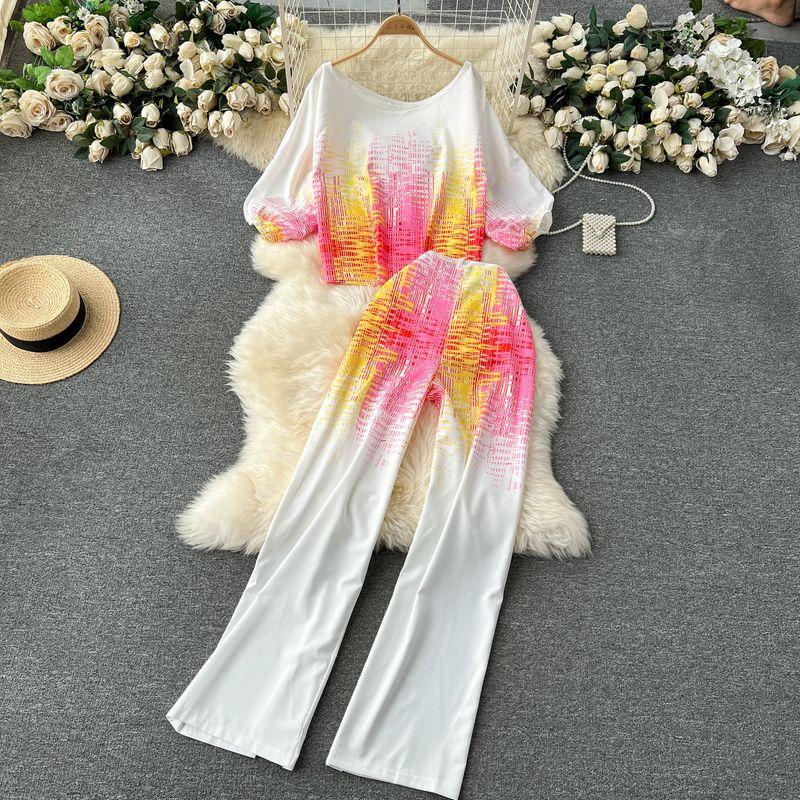 

Age-Reducing Denim Casual Wear Print Wide Leg Pants Two-piece Set Yellow powder gradient M