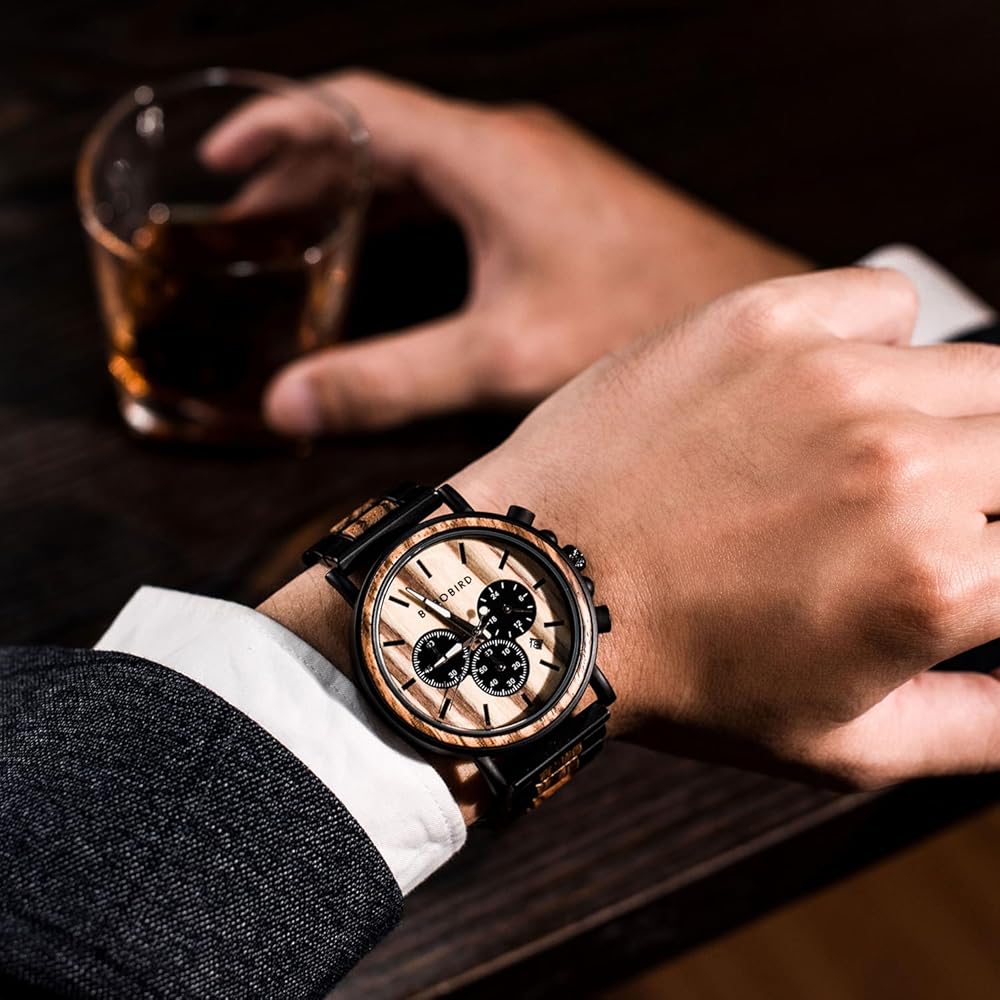 Bobo Bird Men's Stylish Wooden and Stainless Steel Chronograph Military Quartz Casual Watch Black Wood Band