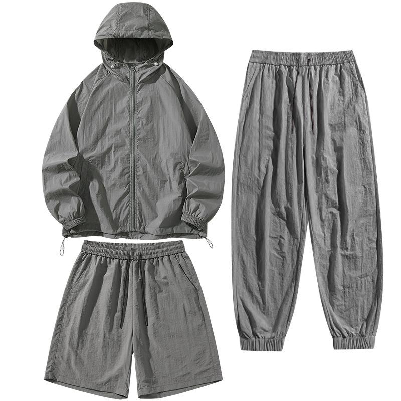 Summer Solid-color Casual Sun-protective Clothing Set with Hooded Thin Coat, Same Style for Both Men and Women, Three-piece Skinwear Set