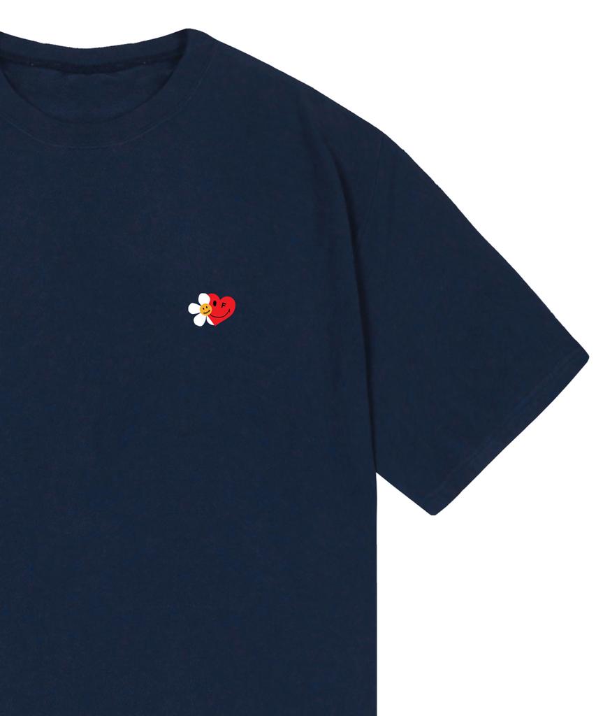 GRAVER [Unisex] Flower Heart Half Smile Short Sleeve T-Shirt_Navy
