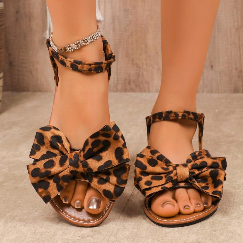 Fashion Bow Leopard Women Flats Sandals 2025 Summer Suede Casual Shoes Designer Sexy Fashion Slippers Elegant New Beach Mujer Sandalias
