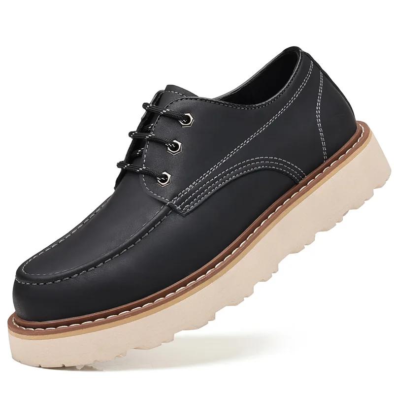 Outdoor Height Increasing Shoes Men Low-top Retro Casual Shoes British Style Work Boots Low-top White Sole Leather Shoes Sneaker