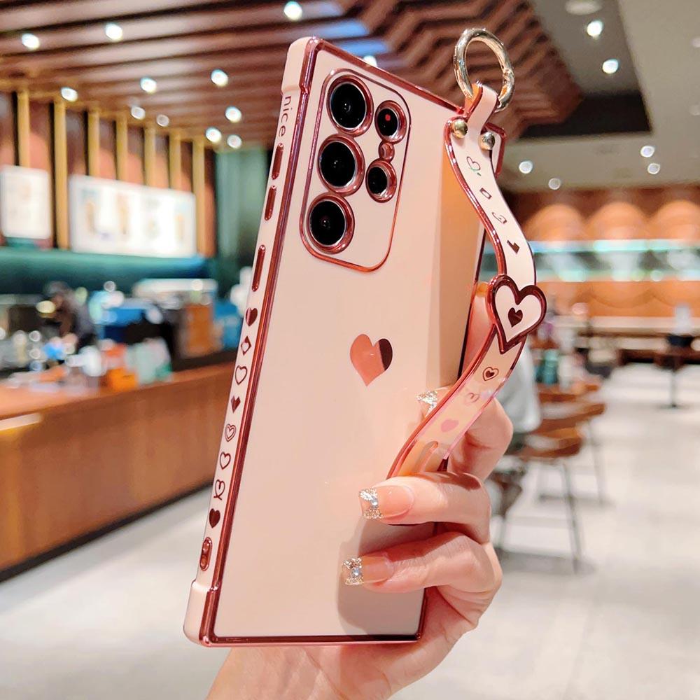 

Для Samsung A53 S25 Ultra Чехол Милый Любовное Сердце Гальваническое Покрытие Ремешок на Запястье Держатель для Телефона Чехол Для Galaxy S24 Ultra S23 S22 S21 Чехлы Накладка For SamsungS25 Ultra&Case & Strap