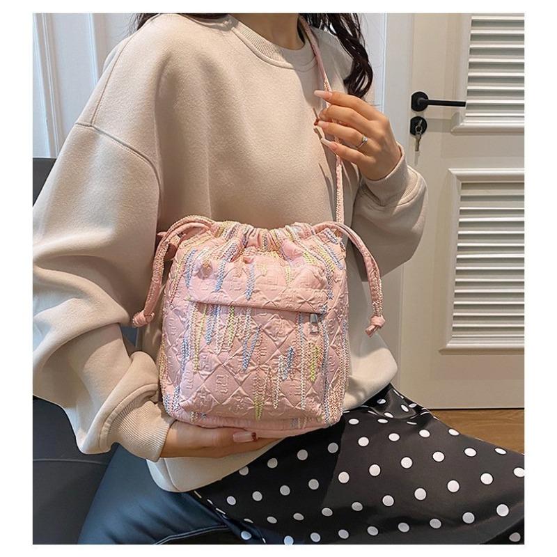 Fashion Rainbow Stripes Embroidery Pleated Bucket Bag Chain Single Shoulder Crossbody Bag Bag