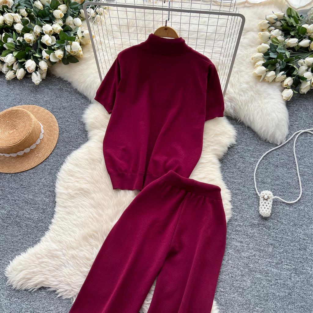 Summer Women Drawstring Knitted Sweater Trouser Two Piece Set Short Sleeve Zipper Pullover Tops and Wide Leg Pant Suit