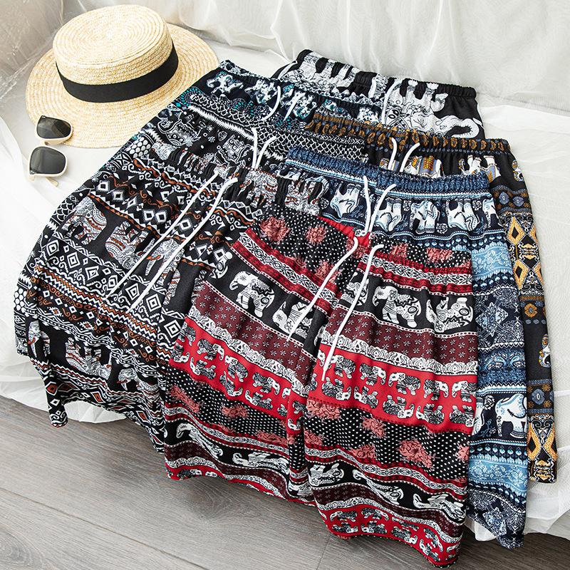Hose mit Elefantenprint Damen Ethnischer Stil Locker Weitbeinig Strandhose Heim Freizeit Hochtailliert Dünn Trend Fünf-Minuten-Shorts