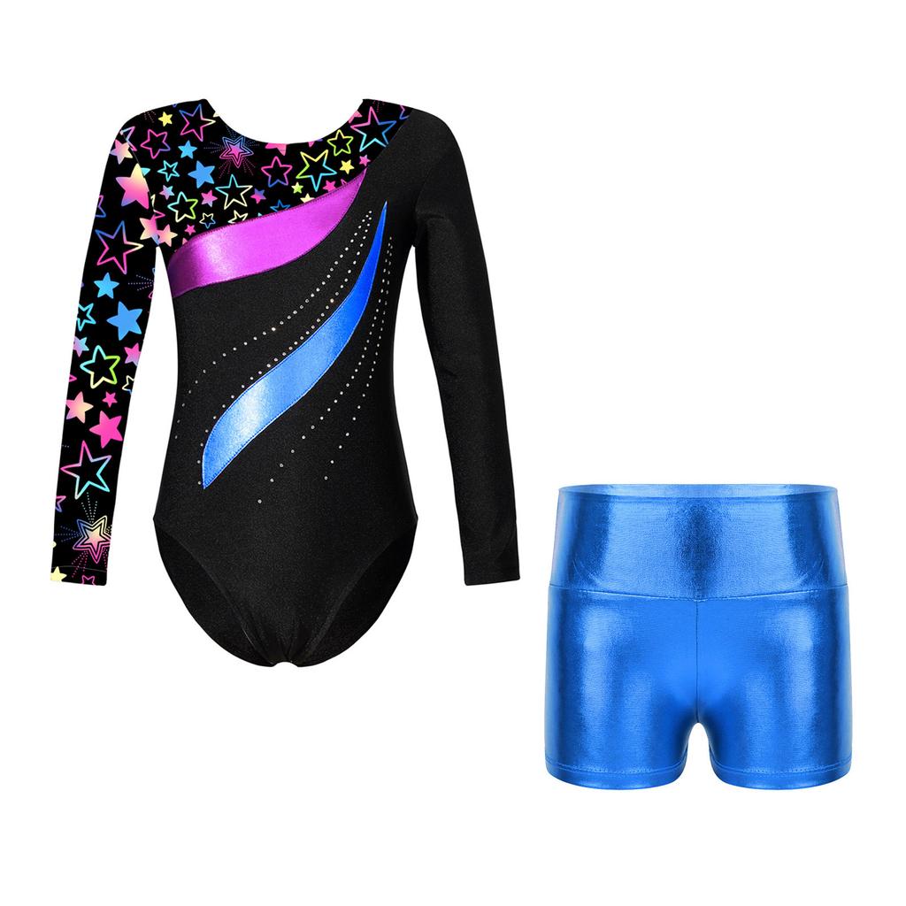 Girls Dance Set Long Sleeve Leotard Shiny Rhinestones Printed Patchwork Design Metallic High Waist Shorts