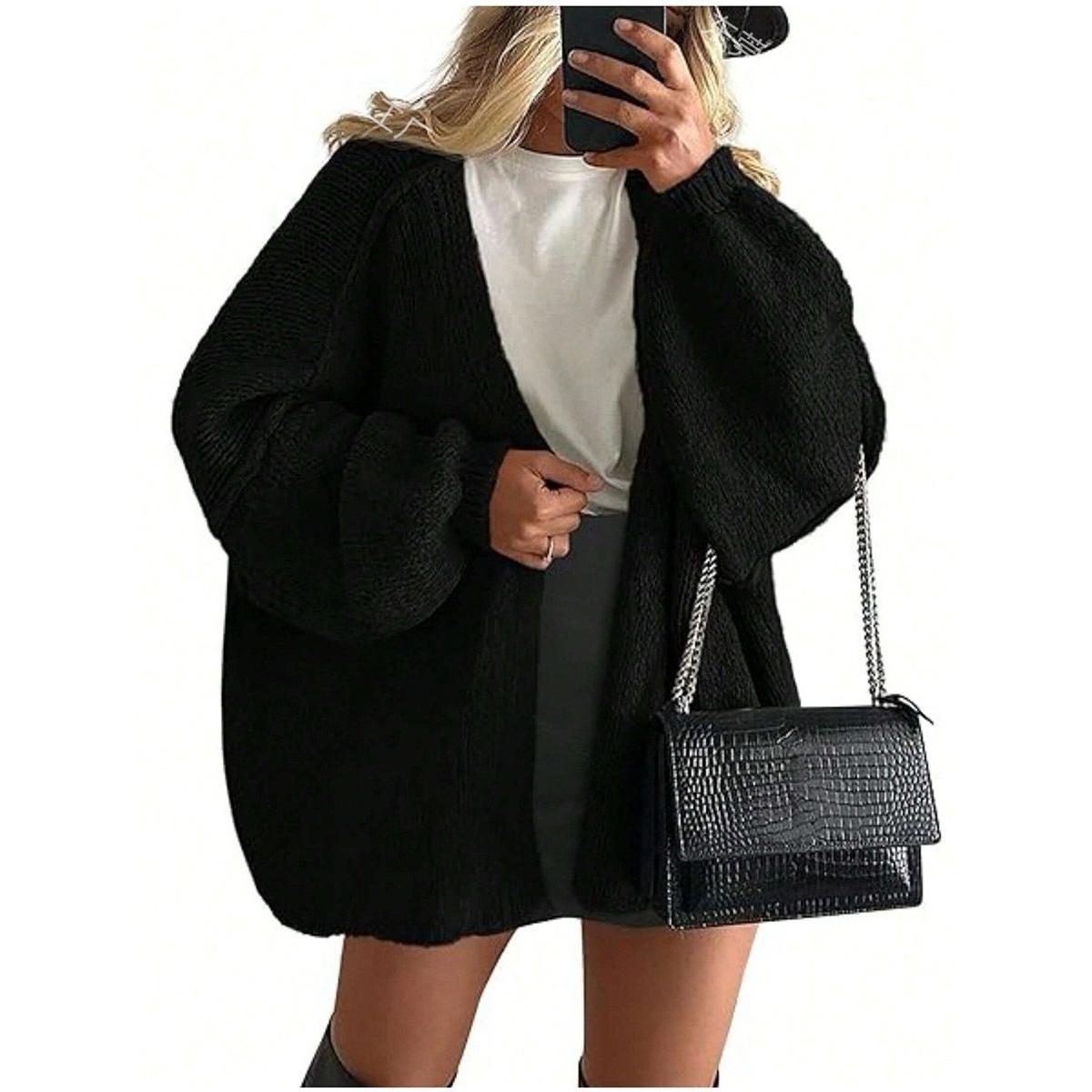 Women s Crew Neck Three Quarter Sleeve Knit Cardigan Oversized Casual Sweater Coat S чёрный