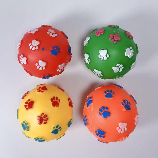 Squeaky Ball Dog Toy Puppy Chew Toy with Paw Print Texture Interactive Dog Teeth Cleaning Toy for Aggressive Chewers