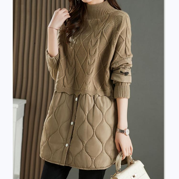 Зимние свитера оверсайз Женское лоскутное стеганое пальто пуловер вязаный свитер с высоким воротником двухкомпонентный свитер свободного кроя из искусственной ткани One Size 3380₽