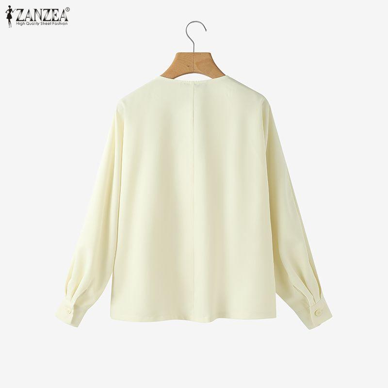 ZANZEA Bluză de damă cu gât rotund, culoare solidă, largă, cu mânecă lungă