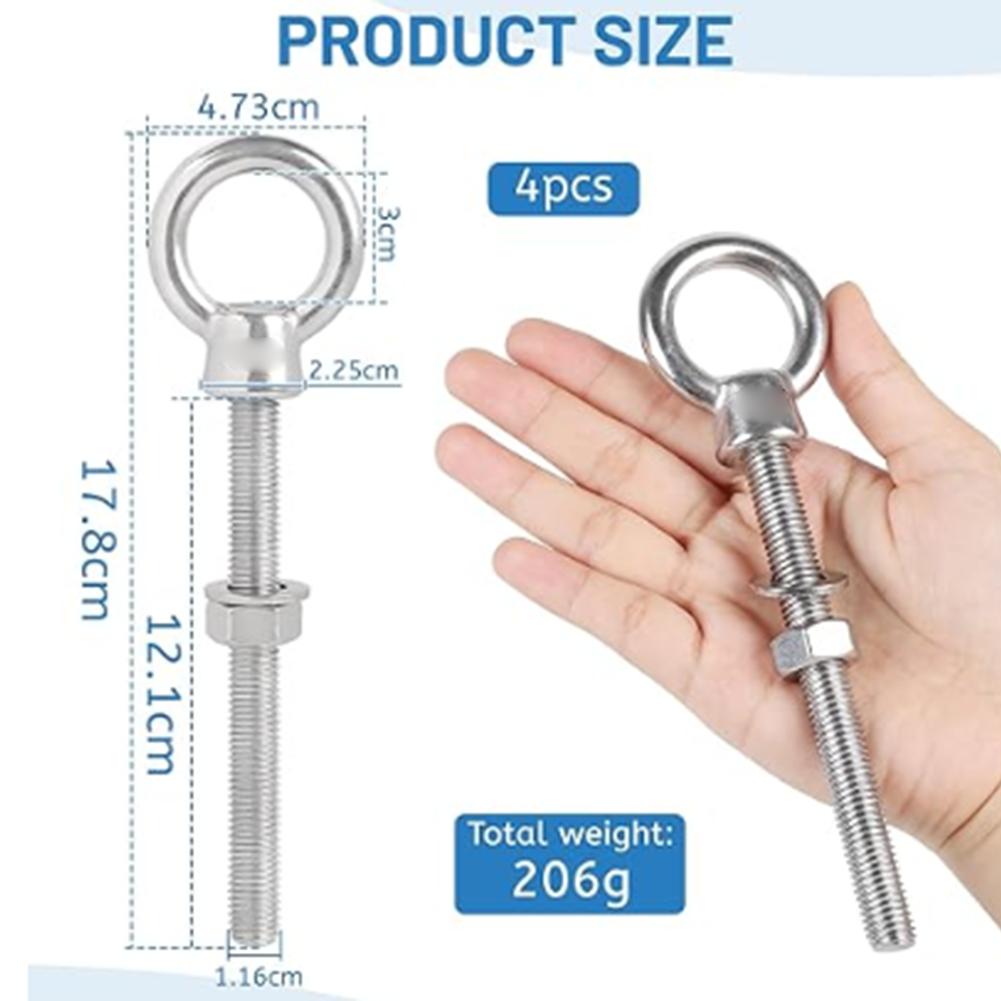 4-Pack For M12 X 120mm Stainless Steel Eye Bolt Screws With Rings For Lifting & Rigging Industrial Use Hardware Fixtures