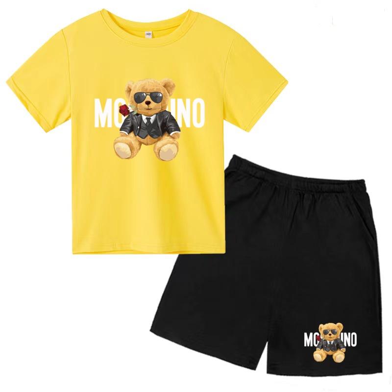 Children Summer Charming Rose Letter Bear Print T-shirt+Shorts Set Boys Girls Casual Toddler Sports First Choice Clothes