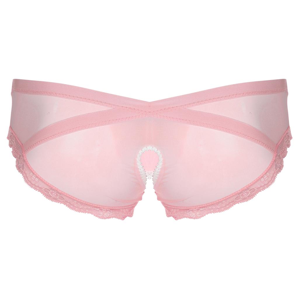 Mens See Through Mesh Crotchless Briefs Low Rise Lace Trim Underpants Cross Dresser Sissy Underwear