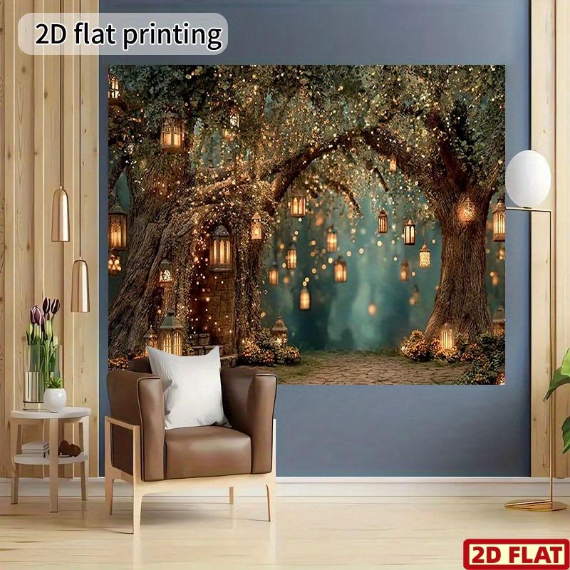 2D Flat Banner 1 Set of Psychedelic Forest Fairy Light String Banner - Magic Tree Background Cloth with Lanterns and Flowers