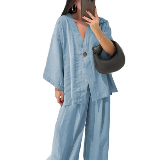 

Жіночий комплект одягу з бавовни та льону з двох частин, довгим рукавом, V-подібним вирізом, топом на ґудзиках, широкими штанинами, повсякденним одягом для дому XXL світло-синій колір