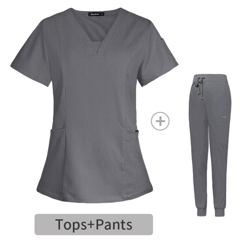 V-neck Women's Hospital Scrub Suit with Short Sleeves and Printed Design