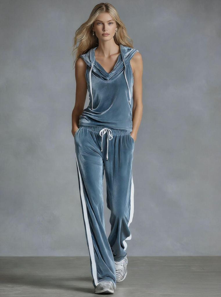 Europäisches Mode Gold Samt Ärmelloses Kapuzentop & Hose Set - Lässiger Stil