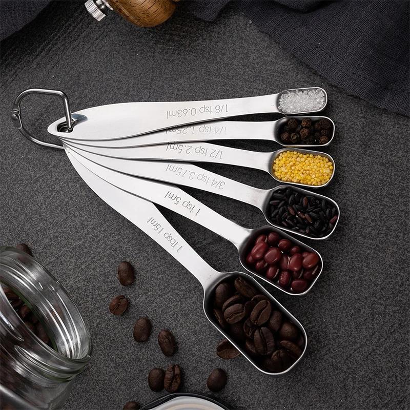 6Pcs Measuring Spoons Set Stainless Steel Teaspoon Coffee Sugar Scoop Powder Spice Seasoning Spoon Kitchen Baking Measuring Tool