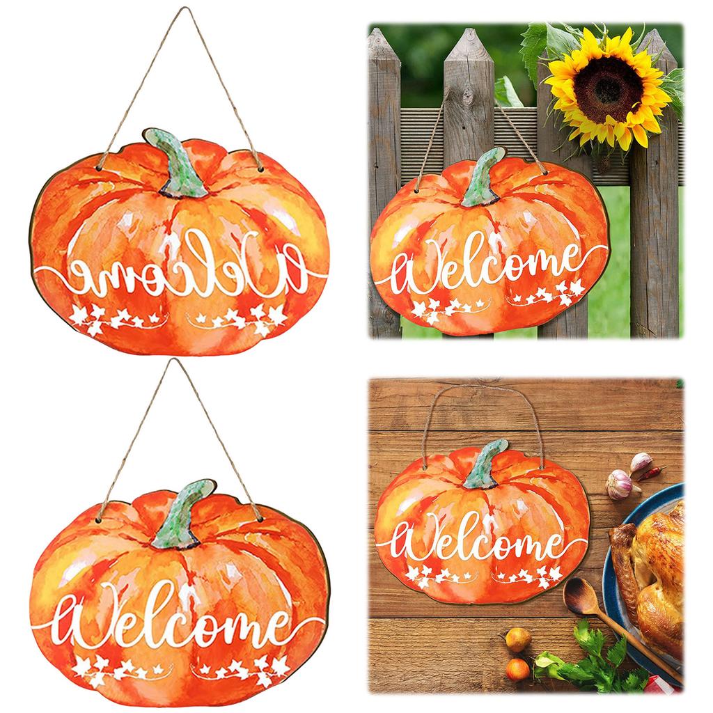 12x9in Fall Wooden Pumpkin Hanging Welcome Door Sign with Rope Thanksgiving Door Hanger Door Decor for Store Kitchen Door Wreath