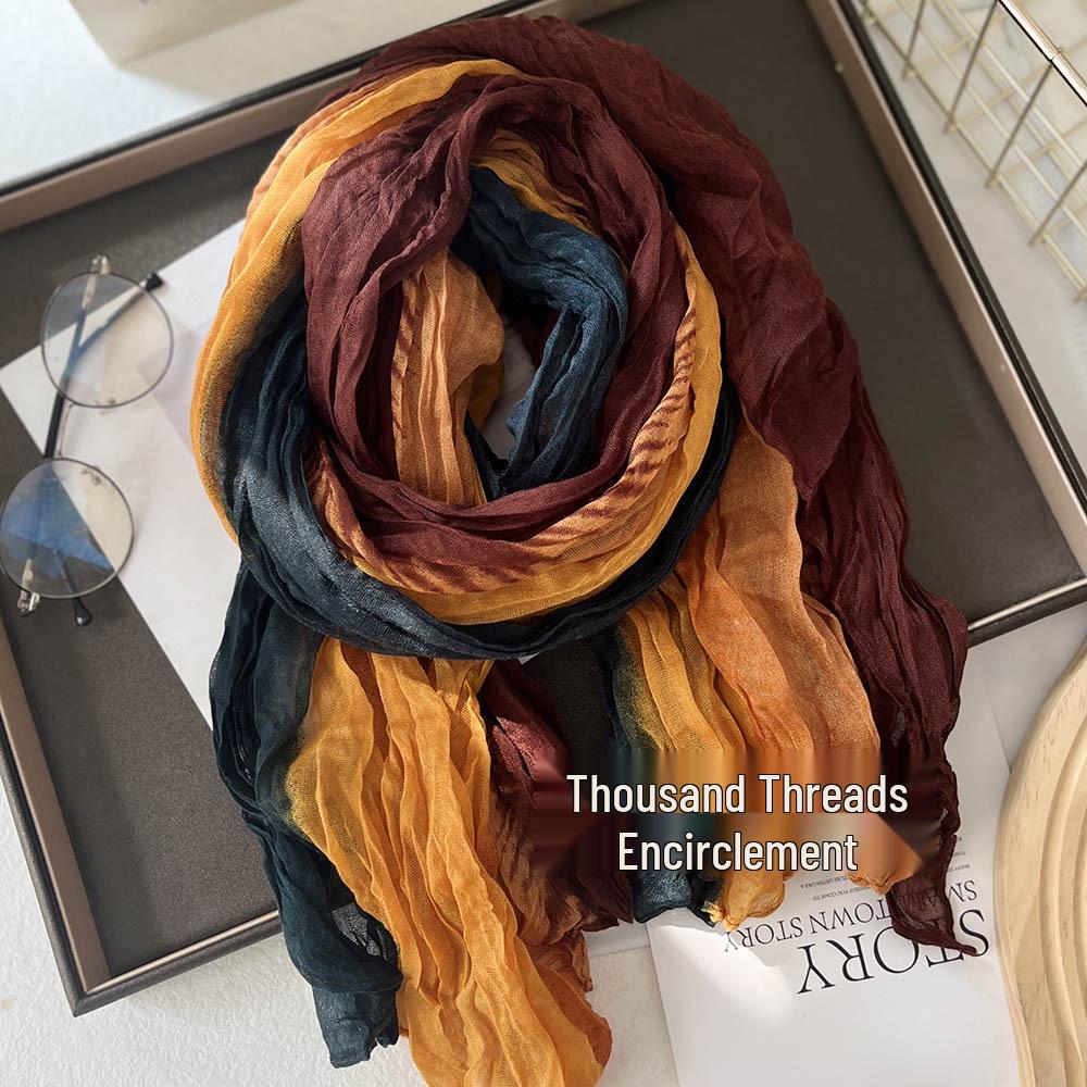 Sciarpa da Donna Blu Sfumato Effetto Cotone e Lino – Retro, Versatile, Lunga Stola Pieghettata per Autunno/Inverno.
