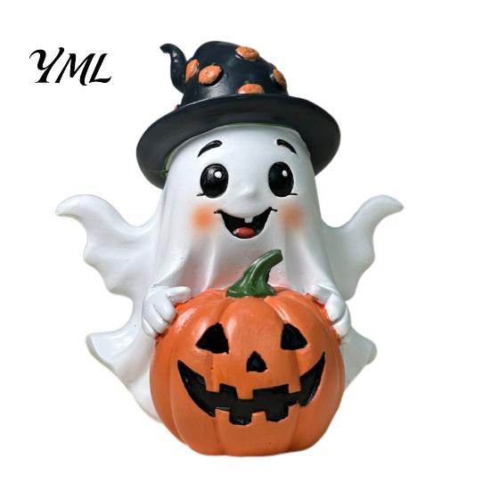 Halloween Ghost Pumpkin Decor Decoration, Holding Resin Figurine with Witch Soft Aesthetic Sculptures Hat, Spooky Cute Tabletop for Home Kitchen