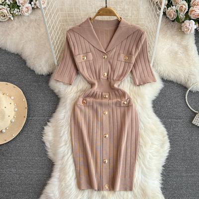 New Summer Women Lapel Knitted Sweater Solid Dress Short Sleeve Sheath Bodycon Mini Party Dresses