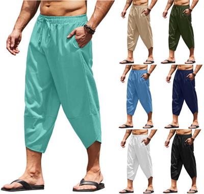 Herren Shorts aus Baumwolle und Leinen, einfarbig, lockerer Kordelzug, 7/10, lässig