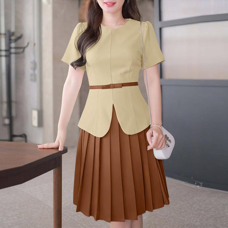 ZANZEA Womens Casual Round Neck Pleated Hem Patchwork Commute Short Sleeve Dress